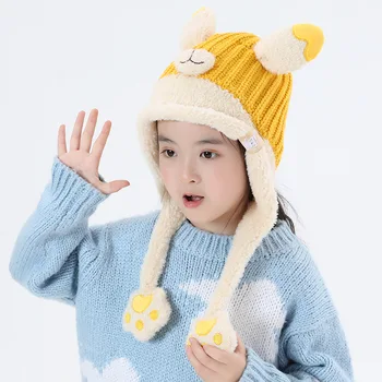 Детска шапка за защита на ушите, есенно-зимна вязаная шапка с Хубав Мечка за Момчета, Топла зимна плюшен вълнена шапка-пуловер за Момичета
